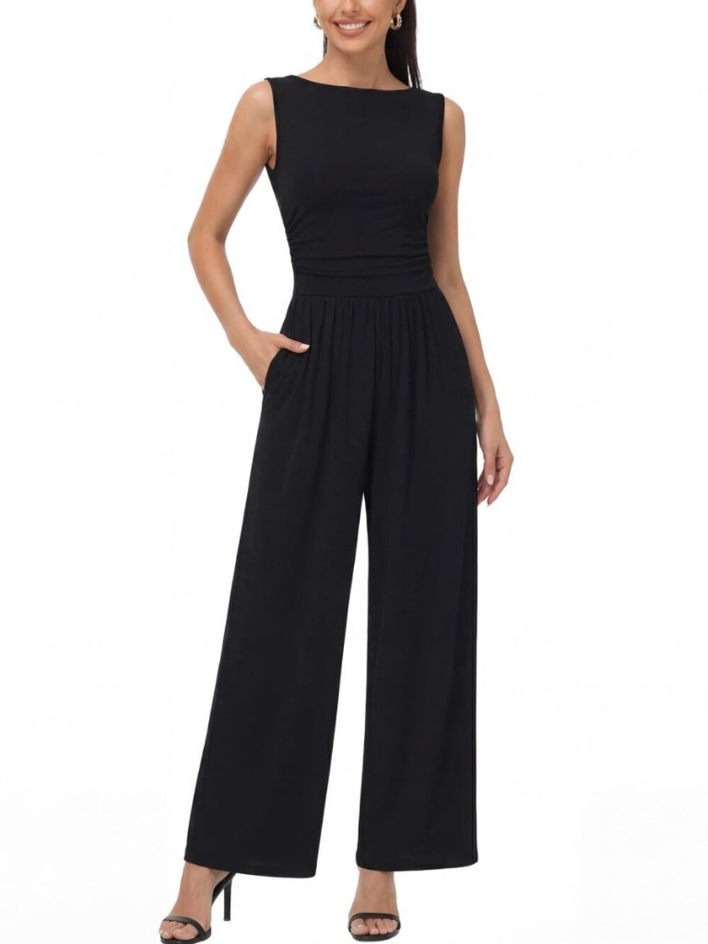 Women One Piece Jumpsuits Dressy Casual Sleeveless Crew Neck Wide Leg Pants